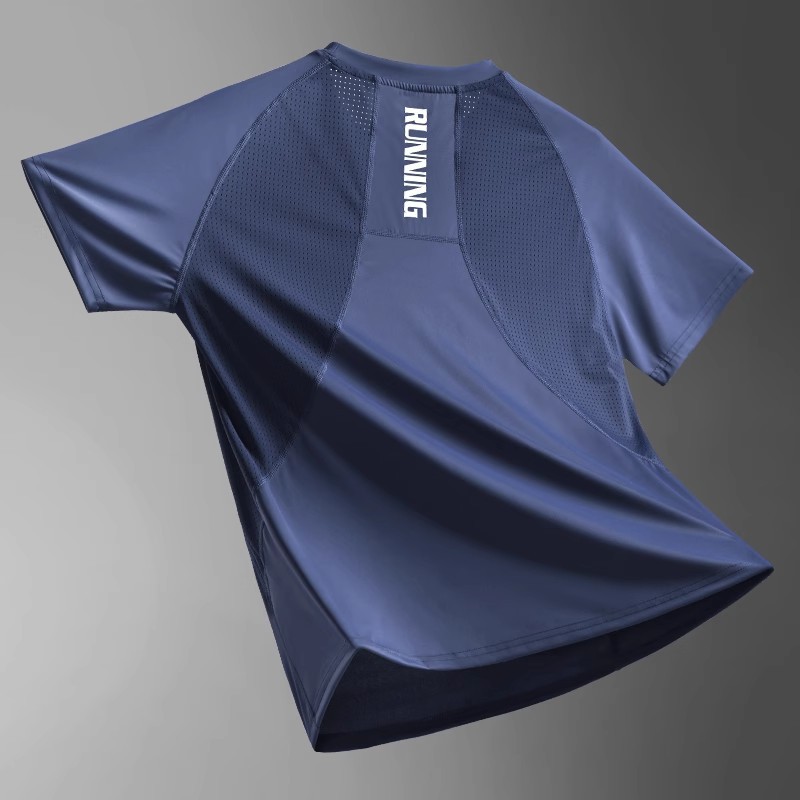 Camiseta deportiva de malla masculina profesional transpirable running fitness trajes de entrenamiento de hielo rápido secado verano delgado suelto mangas cortas