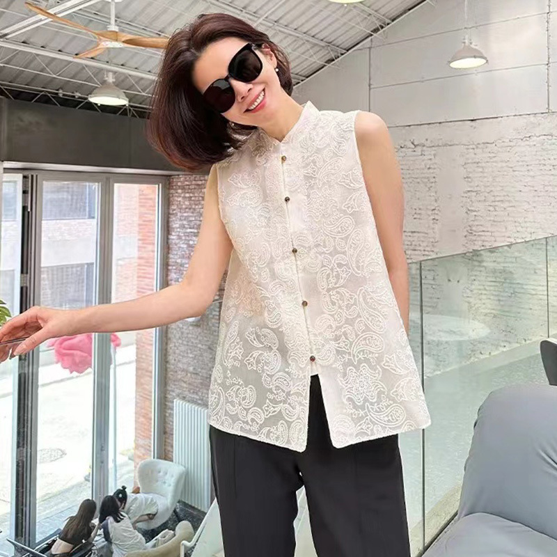 New Chinese Style Silk Vest Vest 24 Spring and Summer New Products Heavy Industry Exquisite Embroidered Sleeveless Shirt with Vertical Collar