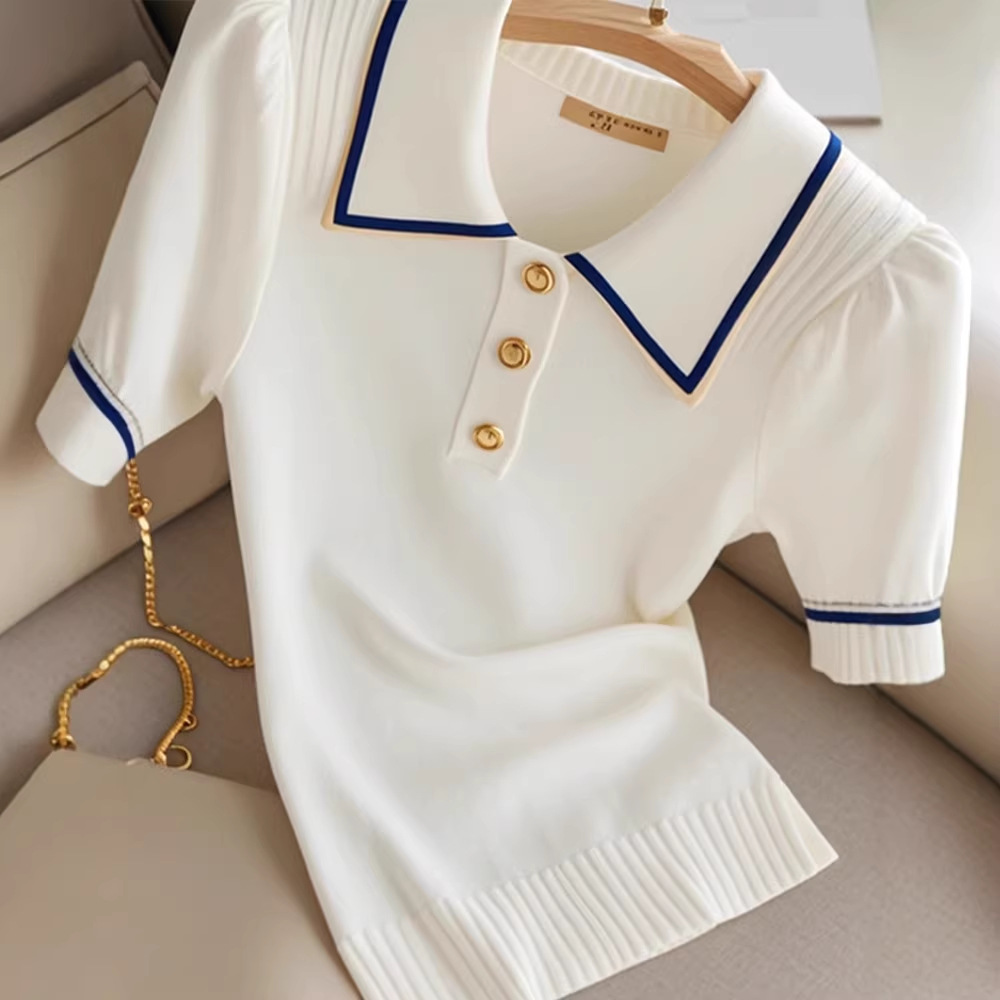 Áo thun nữ cổ polo tay lỡ phối màu chất liệu cotton lạnh — trắng chi tiết 1