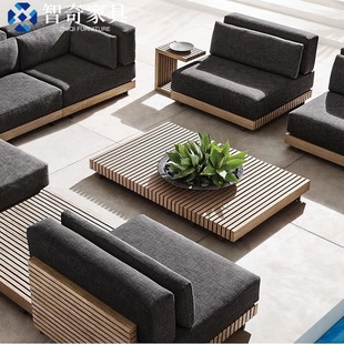 High-end outdoor solid wood sofa terrace villa outdoor coffee table combination courtyard waterproof sunscreen teak sofa