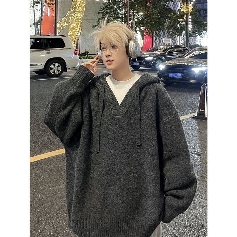 Dark Gray Hooded Knitwear for Men in Autumn and Winter, Simple and Lazy, Super Nice Knitwear for Teenagers, Casual Pullover Sweatshirt