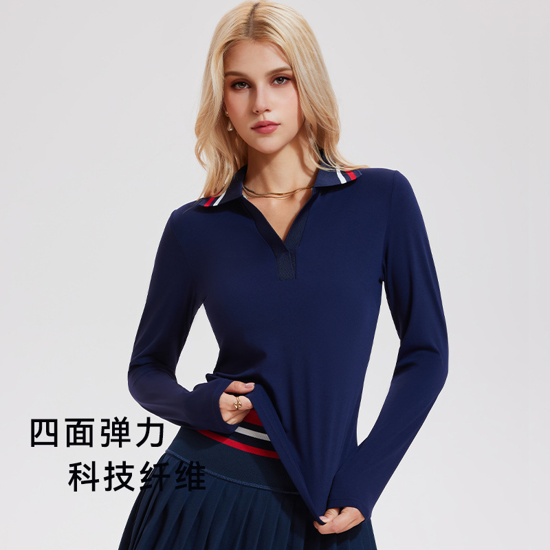 V-collar chaqueta de tenis de mangas largas camiseta de polo deportiva con solapa camiseta de negocios de golf casual chaqueta de ejercicio de secado rápido