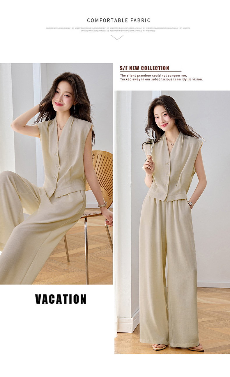 Bộ vest nữ hai dây phối quần ống rộng — màu kaki, màu trắng ngà, màu cà phê chi tiết 27