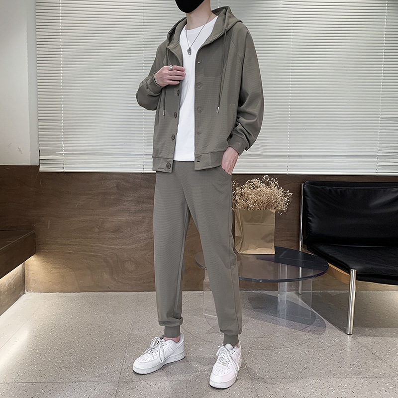 Primavera y otoño traje casual para hombres primavera nueva marca de moda waffle cardigan hombre guapo ropa deportiva para hombres un conjunto