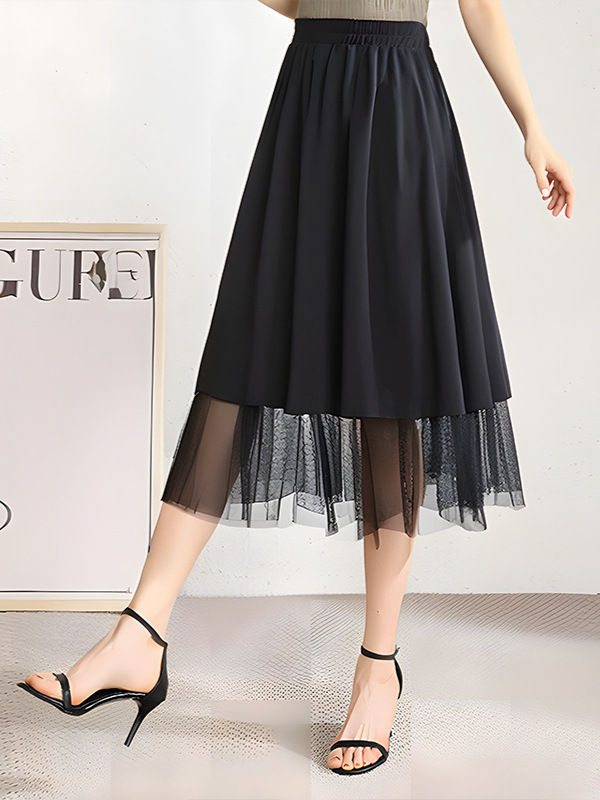 60-150kg Plus Size Mesh Splicing Skirt 2025 Spring New Fat Girl High Waist a Line Mid-Length Style