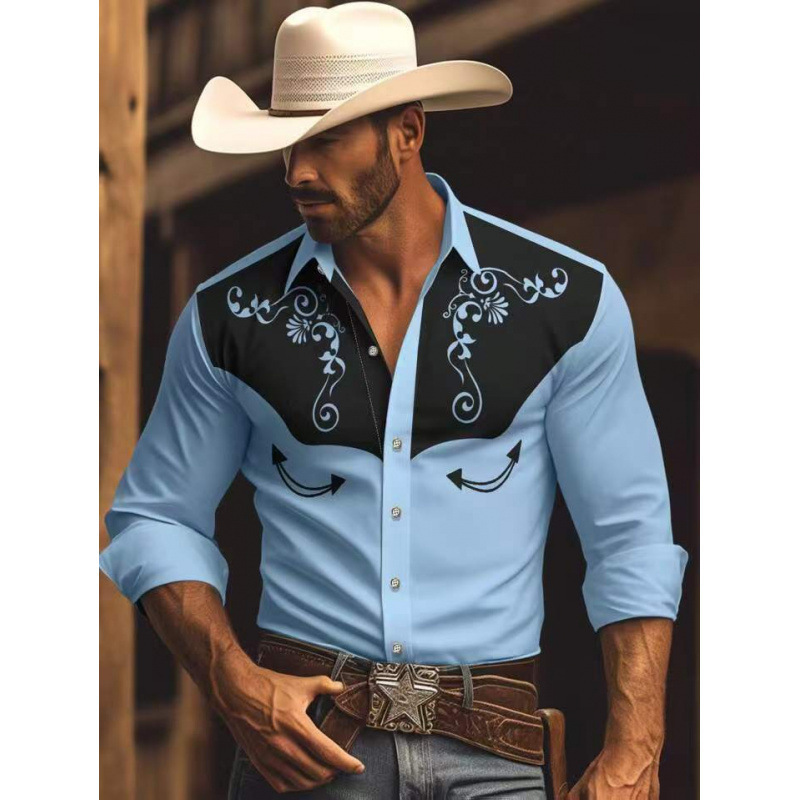 Cross-Border Western Party Four-Way Stretch Denim Men's Shirt Spring and Autumn Aztec Print Men's Long Sleeve Shirt