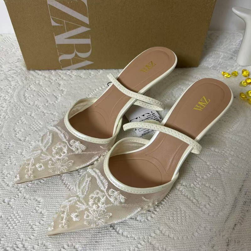 Za2025 Spring New Women's Shoes Embroidered Beaded White Mesh Slingback Mules with Hollow Back Stiletto Sandals
