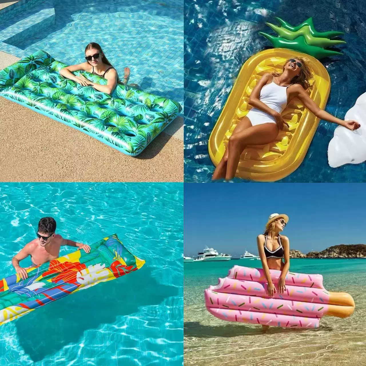 亚马逊新款充气菠萝浮排成人游泳圈水上躺椅森林风浮床椅现货批发