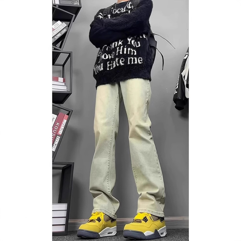 Teenage Pants Men's Junior High School Students Jeans Summer Mud Yellow American Retro High Street Vibe Straight Leg Pants