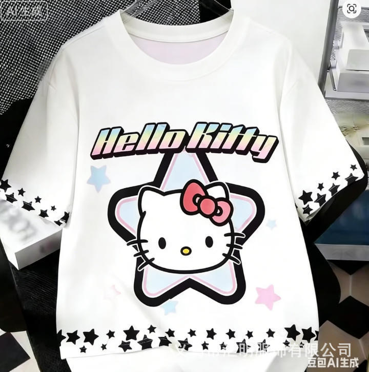 Cross-Border New Style Hello Kitty Star Print T-Shirt in White, Black, and Pink Color-Blocking, Sweet Girl Style, Loose Casual Short-Sleeve Top Cross-Border New Style Hello Kitty Star Print T-Shirt in White, Black, and Pink Color-Blocking, Sweet Girl Style, Loose Casual Short-Sleeve Top