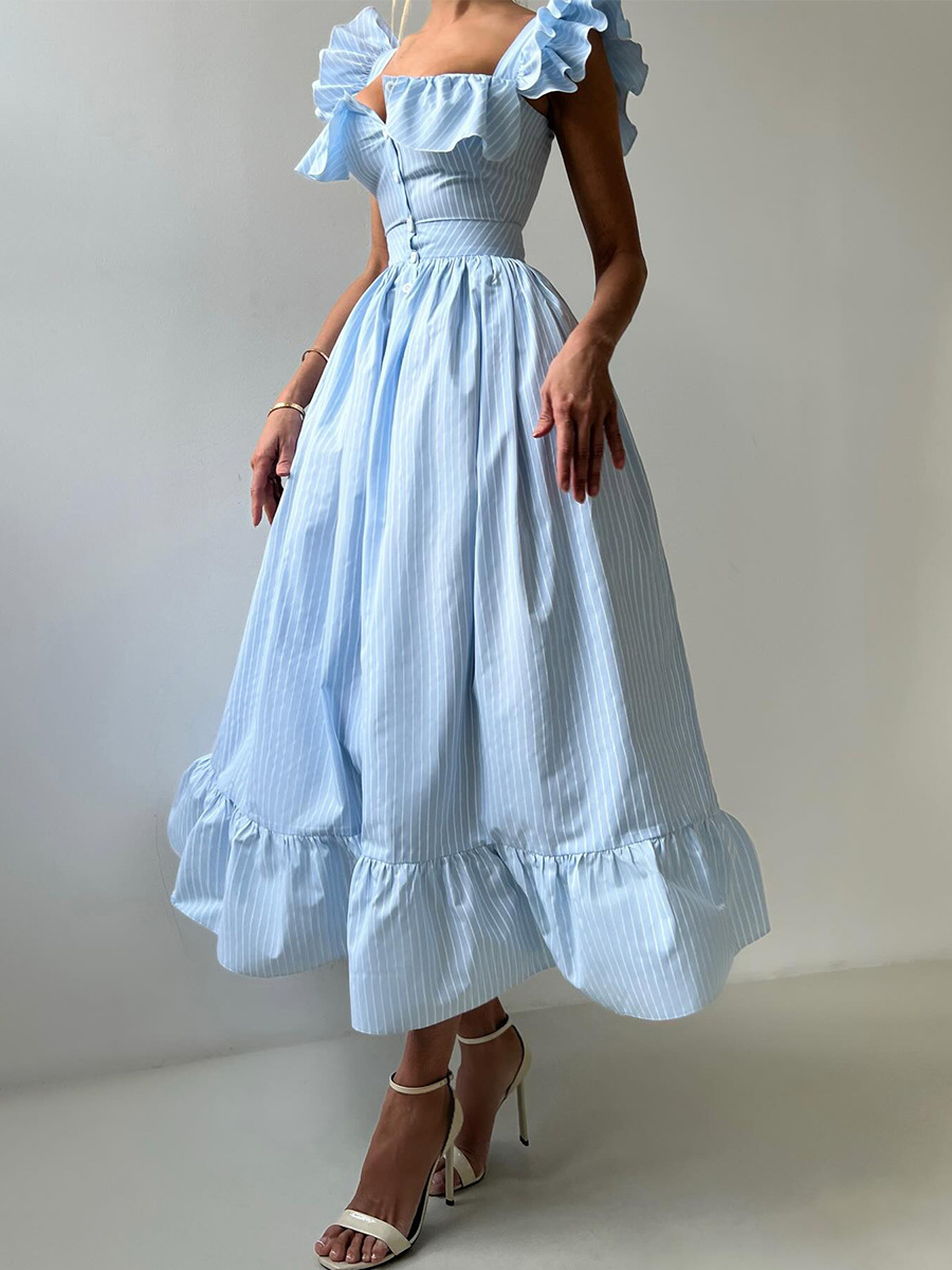 Women's Clothing Striped Dress Button Down Cardigan Waist Cinching Long Dress Summer New Style Flutter Sleeve_ecoleips.com