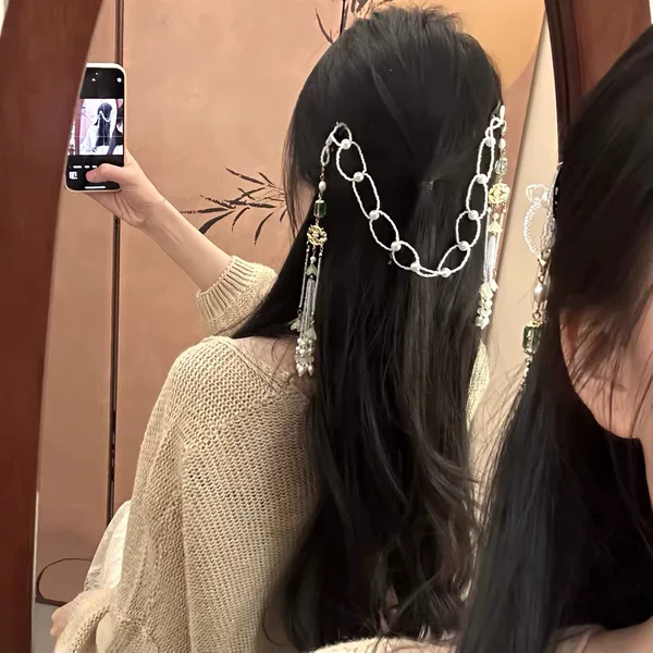 "Pearl Glow Shadow" 2026 New Elegant Pearl Tassel Hair Chain, New Chinese Style Hairband for Women, Cheongsam Hanfu Headpiece