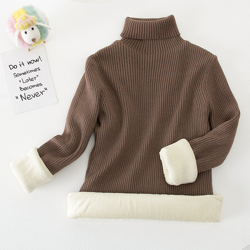 Suéter de cuello alto estilo coreano para niños y niñas, otoño/invierno 2025, capa base de punto, ropa infantil coreana con forro polar.