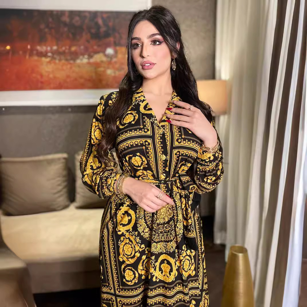 design Dress, Middle Eastern Ethnic Print Long Robe Shirt Dress For Women_ecoleips.com