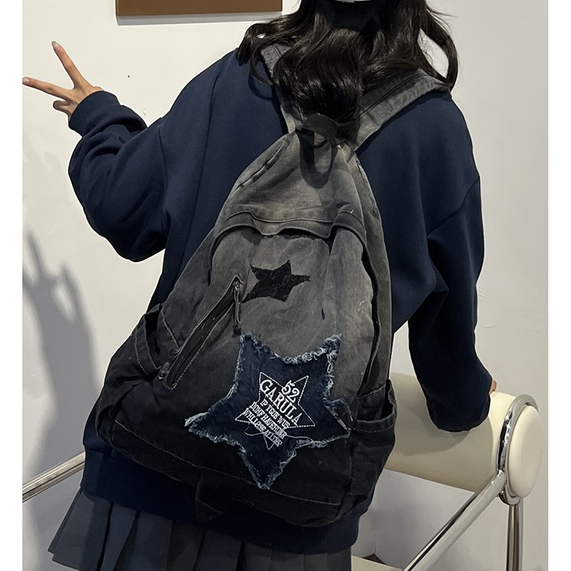 Foreign Trade Gradient Denim Backpack Student Schoolbag College Student Backpack Large Capacity Lightweight Large Backpack for Women