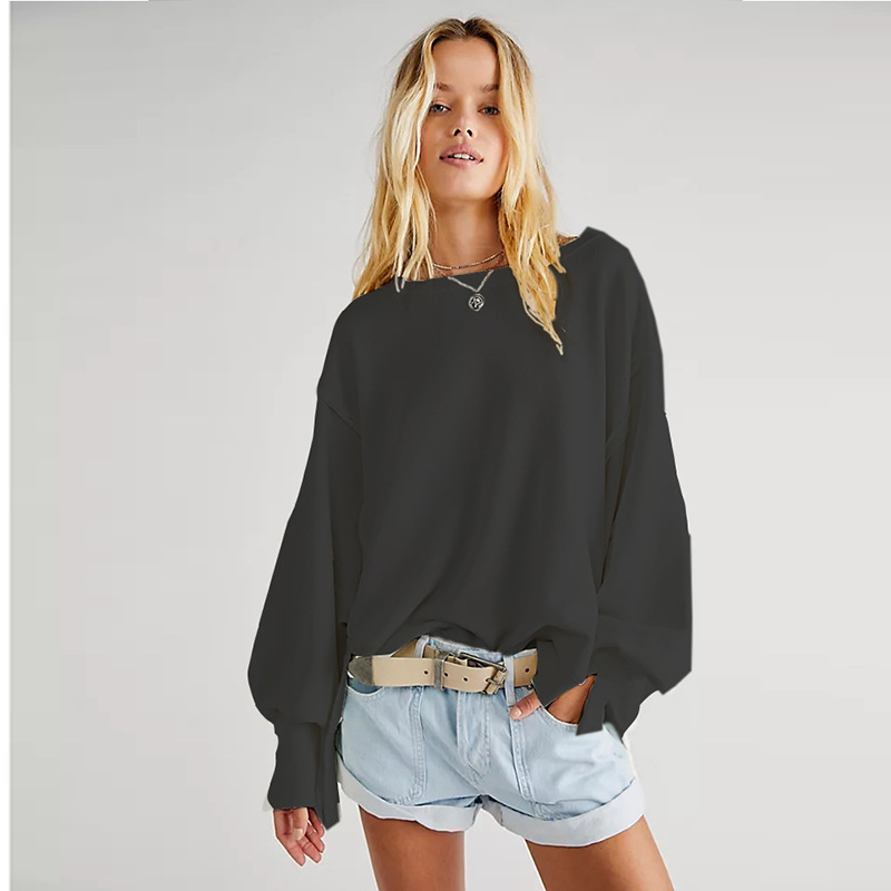 European and American Foreign trade hot sale New Amazon AliExpress autumn loose solid color long sleeve round neck split sweater for women