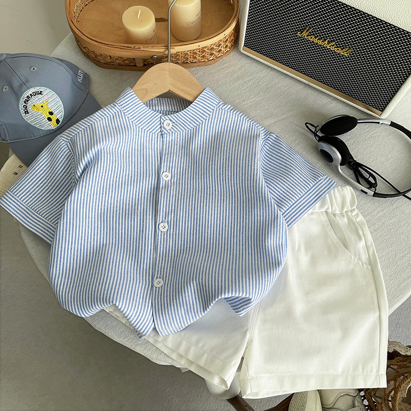 Boys' Summer Outfit Set, New Children's Short-Sleeve Striped Shirt Two-Piece Set, Stylish Baby Summer Casual Shorts Trendy