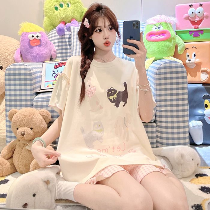 Venta al por mayor transfronteriza nuevos pijamas mujeres verano imitación algodón jersey pantalones cortos de manga corta lindo cachorro traje de servicio a domicilio de dibujos animados