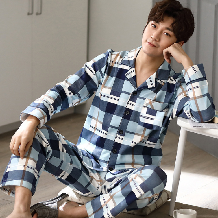 Transmisión en vivo de nuevos pijamas de hombre primavera y otoño de tamaño grande casero ocio relajado dos piezas de ropa de casa para hombres micro comercio