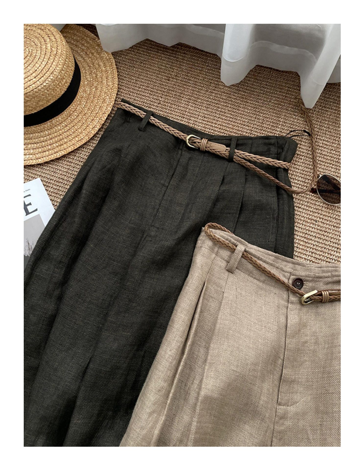 High Waisted Slimming Khaki Linen Wide Leg Pants For Women Trendy Relaxed Straight Leg Casual Trousers_ecoleips.com