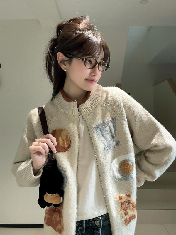 学院风针织开衫女秋冬miu系毛衣外套韩系拉链提花宽松慵懒风上衣|undefined