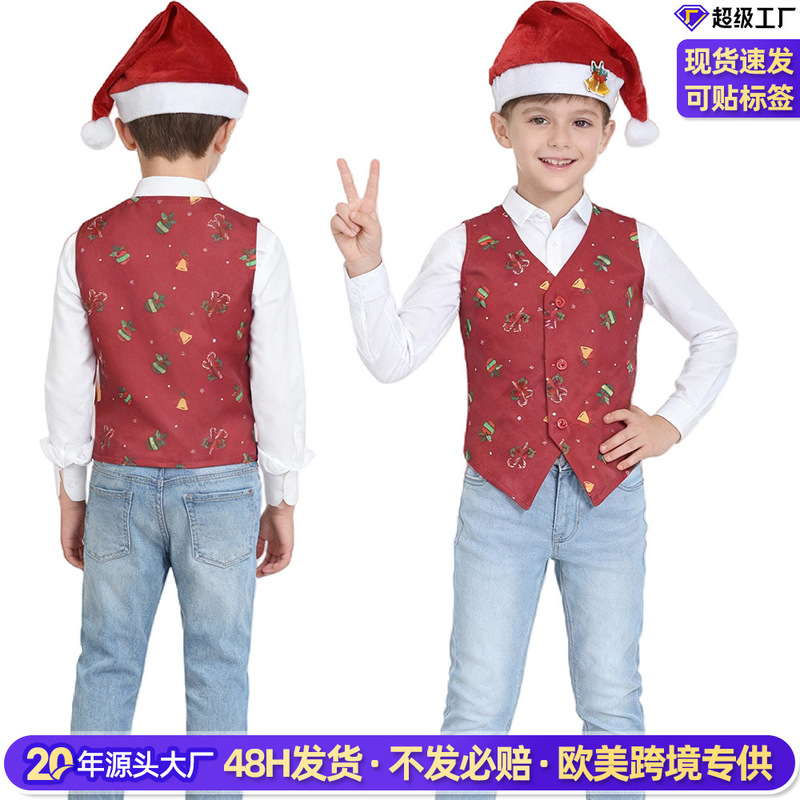 European and American Cross-Border Boys' Vest Set Classic Christmas Print Vest Christmas Hat Children's Holiday Performance Clothing Wholesale