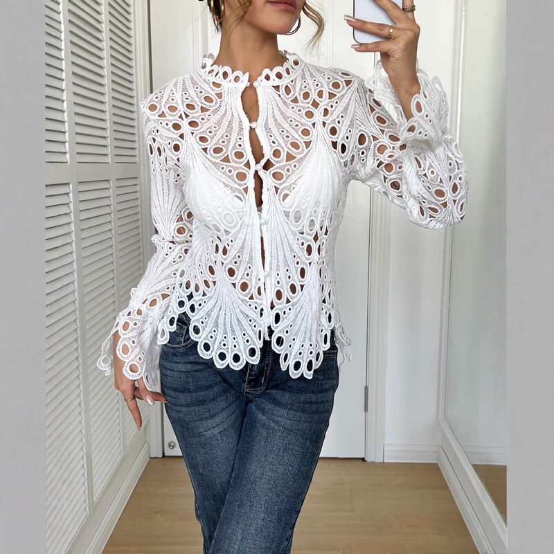 2026 New European and American Style Fashionable and Sexy Hollow-Out Lace Stand-Up Collar Bell-Sleeve Breathable Knitted Lace Shirt 2026 New European and American Style Fashionable and Sexy Hollow-Out Lace Stand-Up Collar Bell-Sleeve Breathable Knitted Lace Shirt
