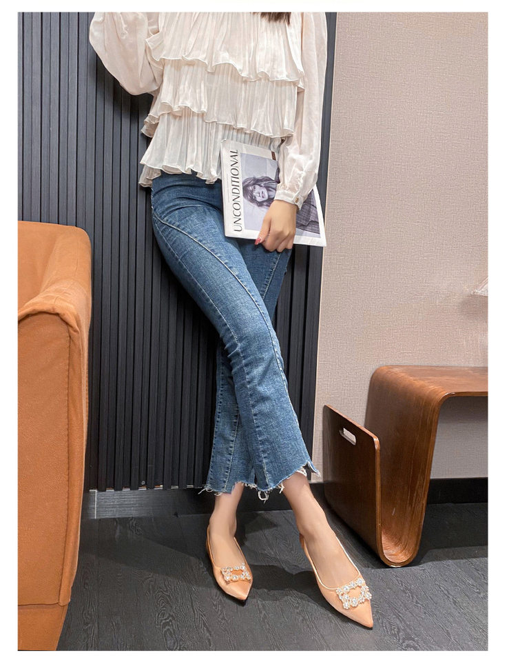 Giày búp bê nữ mũi nhọn gót thấp khóa vuông đính đá, đế cao su — Màu bạc, Màu vàng, Màu đen chi tiết 23
