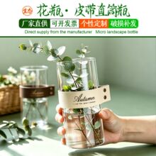创意皮革手提玻璃花瓶北欧简约透明干花器水培植物微景观装饰摆件