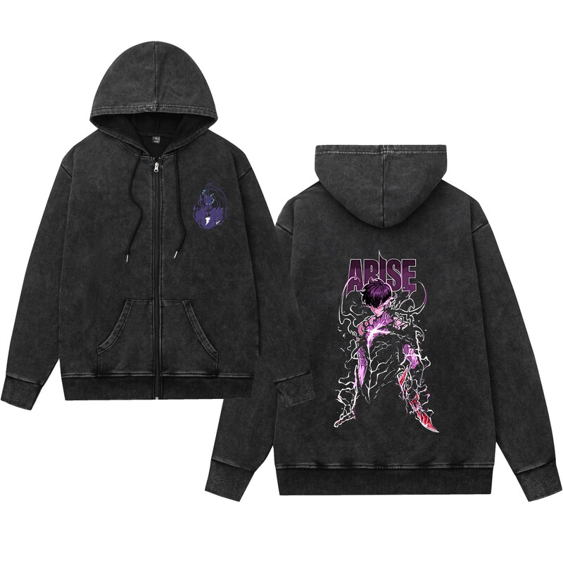 Washed Vintage Hoodie with Zipper 2025 Cross-Border Hot Sale Solo Leveling I Level up Alone Washed Vintage Hoodie with Zipper 2025 Cross-Border Hot Sale Solo Leveling I Level up Alone