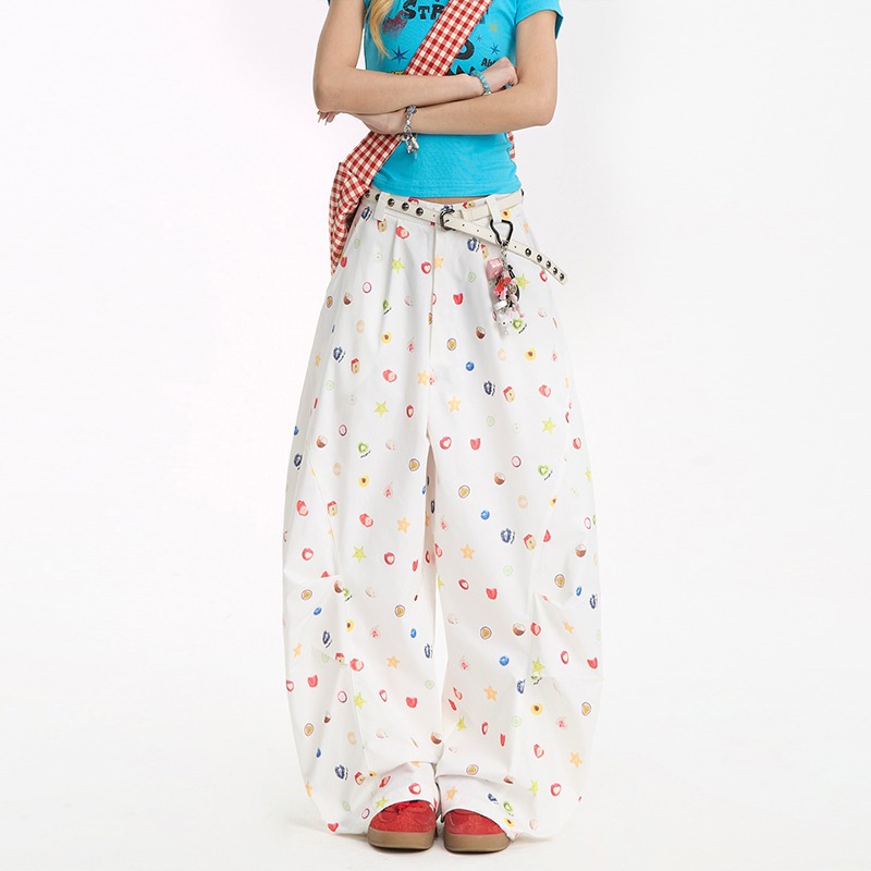 American Street Style Simple Versatile Cargo Pants for Women, Summer Fruit White Wide-Leg Pants, Loose Bf Straight-Leg Sports Long Pants