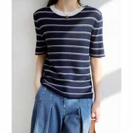 细细羊毛 撞色条纹 圆领短袖针织T恤女法式腔调