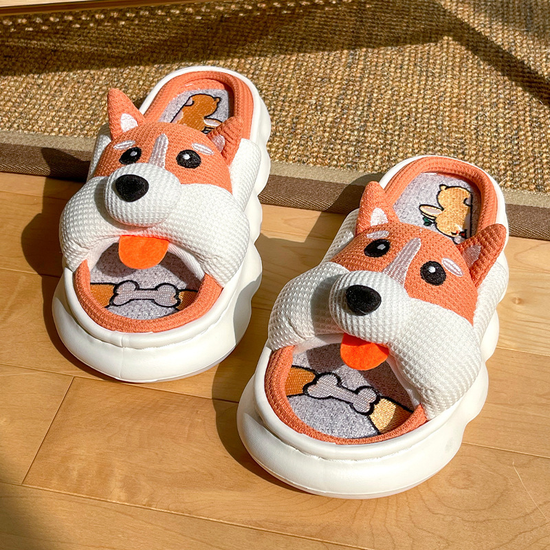 Linen Slippers Women's Cute Cartoon Summer Indoor Household Non-slip Sweat Absorbing Cotton Linen Corgi Four Seasons Slippers