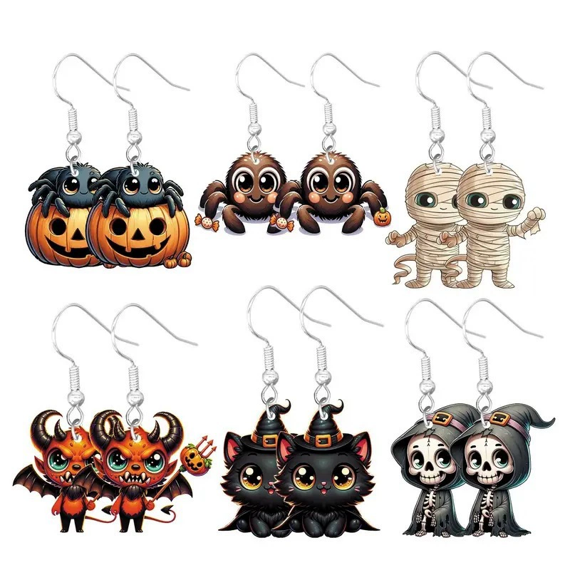 Симпатичный мультфильм Хэллоуин серьги набор мумии тыквы, черный кот, дьявол и скелет дизайн украшения