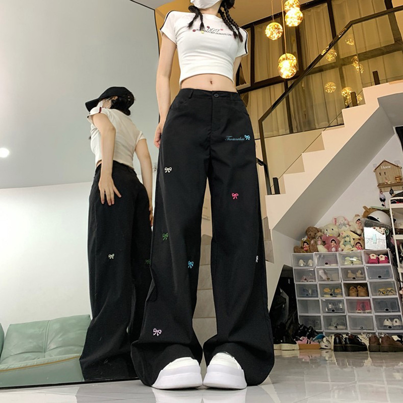 美式高街牛仔裤女蓝色刺绣休闲百搭高腰显瘦宽松直筒阔腿拖地裤子|undefined