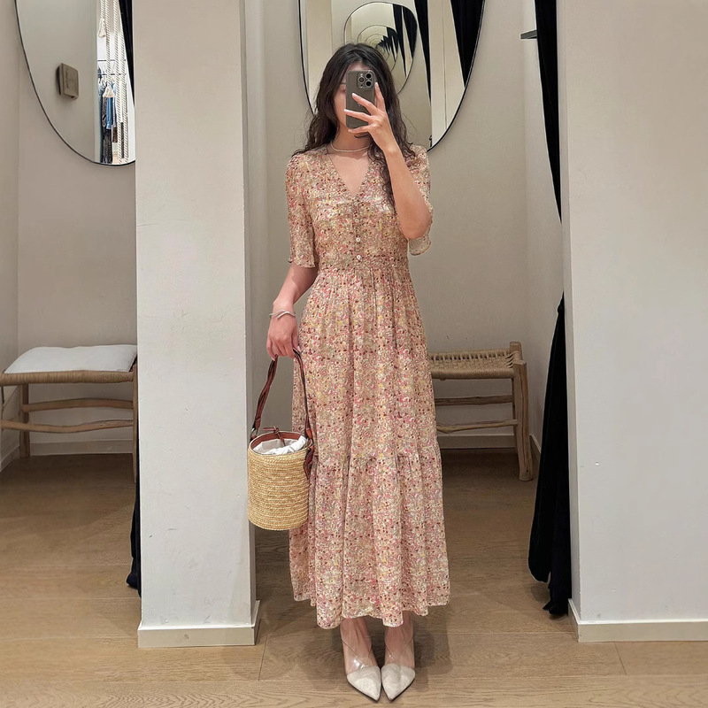Bs26 Spring and Summer Windsor Manor Rose French Floral Chiffon Dress Vacation Style V-Neck Long Dress 1E25Lari