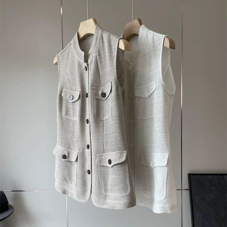 Noble! Custom-Spun Yarn! Linen Woven Mesh Texture with Metallic Threads, Stand-Up Collar Vest for Women, Slim Fit, Spring/Summer