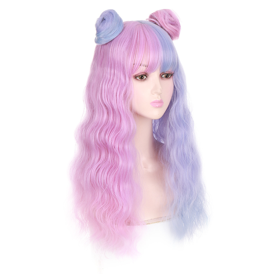 Synthetic wig Long Lolita headband dyed long roll hair fluffy little bun full head set _voghion.com