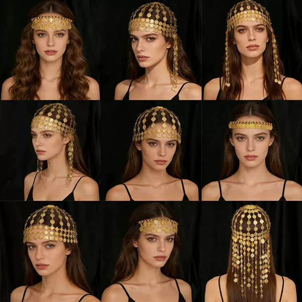 Cross-Border Hot-Selling Coin Tassel Hair Chain, Retro Ethnic Style, Exaggerated Exotic Multi-Layered Palace-Style Golden Hair Accessory