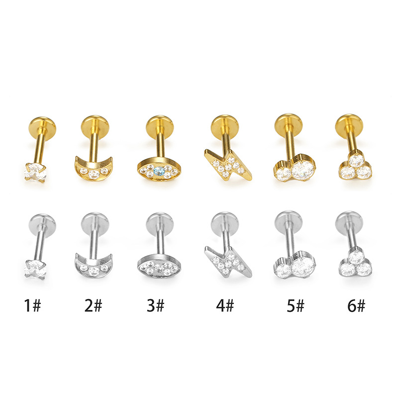 Fashion Moon Lightning Stainless Steel Inlay Zircon lip stud 1 Piece