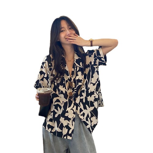 Vintage Camomile Print Women's Summer Hong Kong Style Chic Gentle Design Half-Sleeve Blouse Trendy