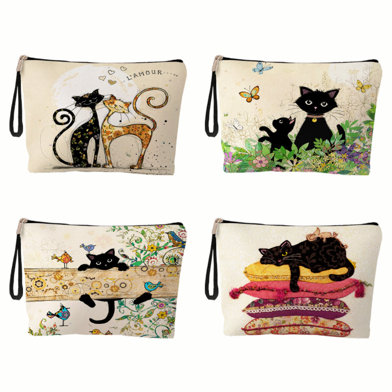 New cross-border cat pattern series makeup bag, clutch bag, toiletry bag, storage pouch, black cat portable bag