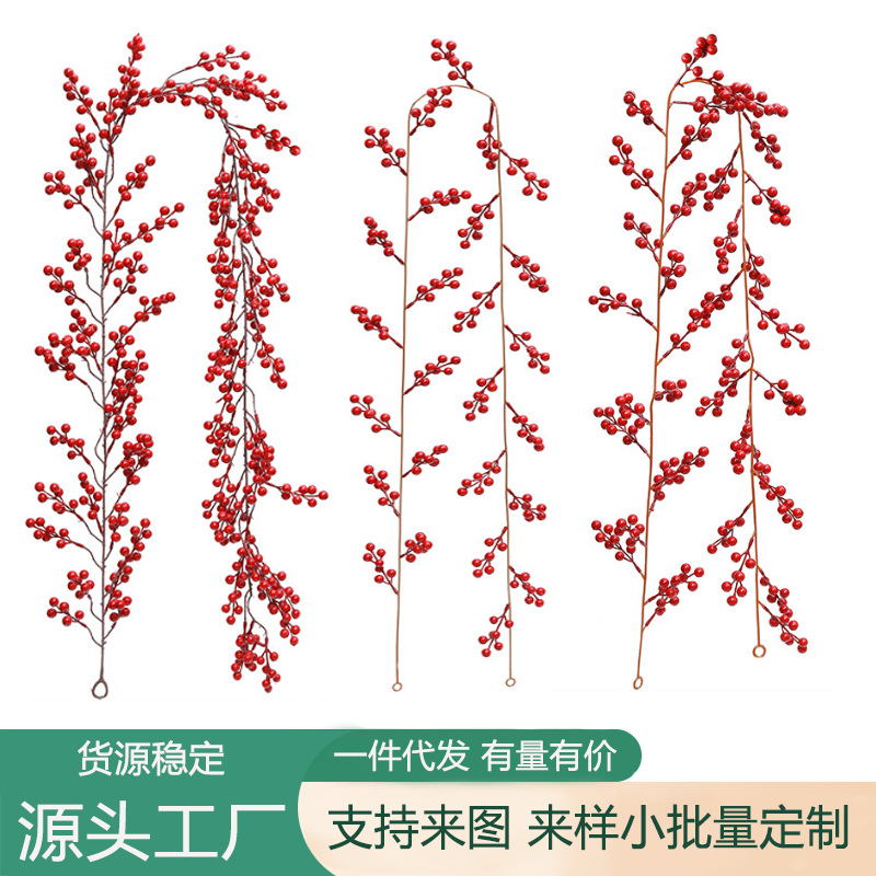 Artificial Christmas Garland with Red Berries for Christmas Decoration, Home Wall Hanging, Atmosphere Decoration, Artificial Vine