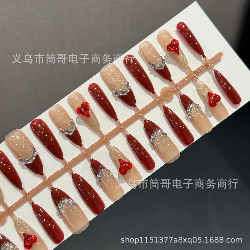 【】30 Pieces of Handmade Wearable Nails, Burgundy French Style with Hearts, Versatile, Brightening, Detachable, Finished Product, Ice-Clear and Airy Manicure 【】30 Pieces of Handmade Wearable Nails, Burgundy French Style with Hearts, Versatile, Brightening, Detachable, Finished Product, Ice-Clear and Airy Manicure
