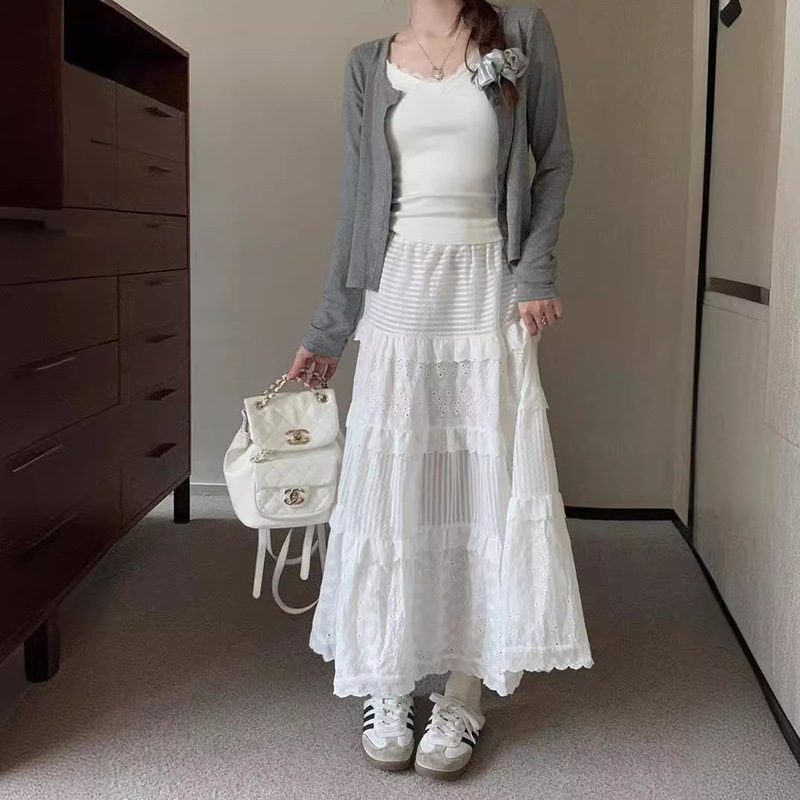 2026 Summer New White Lace High-Waisted Skirt, Gentle and Cute, Slimming Cake-Style Long Skirt for Tall Women