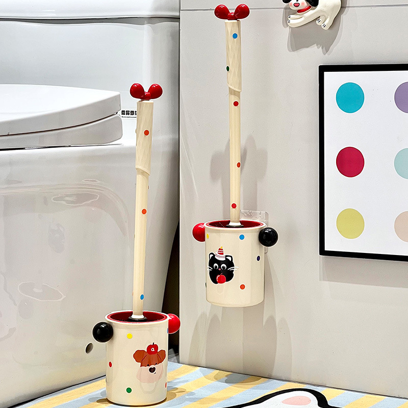 Cute Polka Dot Toilet Brush Household Long Handle with Base Dead Corner Toilet Wall Hanging Brush Bathroom Cleaning Set
