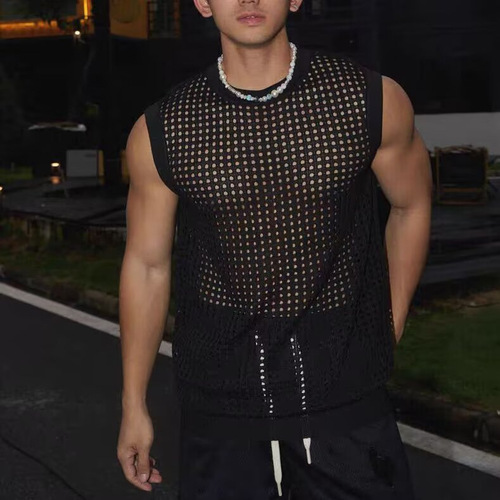 European and American men's summer fashion: Loose-fit, solid-color, hollow-out top—casual, breathable, and versatile knit vest for men