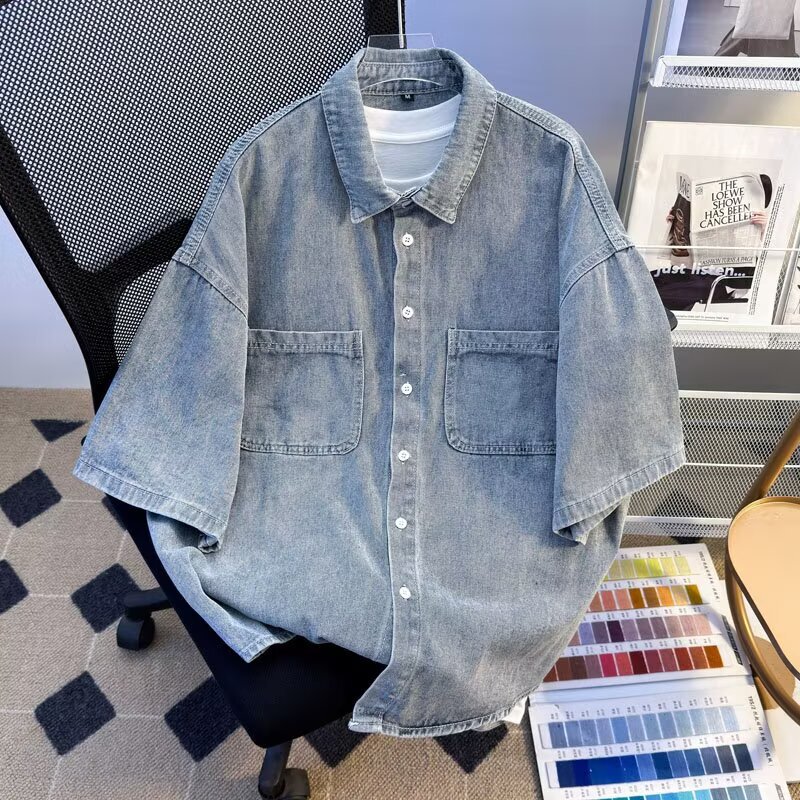 Denim Short-Sleeved Shirt for Men, Summer Korean Style Trendy Youth Retro Casual Bf Style Loose Cardigan Half-Sleeved Black Denim Short-Sleeved Shirt for Men, Summer Korean Style Trendy Youth Retro Casual Bf Style Loose Cardigan Half-Sleeved Black