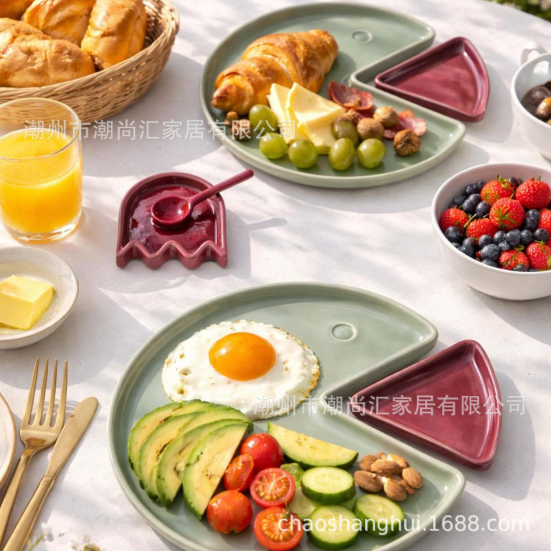 Creative Partitioned Dinner Plates, Western-Style Plates with Large Openings, Hand-Painted Steak Plates, Underglaze Colored Ceramic Dishes, Low-Fat Plates