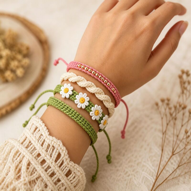 Trendy European and American Style Handmade Crochet Daisy Flower Bracelet with Gold Beads, Creating a Versatile and Stylish Look for Commuting Trendy European and American Style Handmade Crochet Daisy Flower Bracelet with Gold Beads, Creating a Versatile and Stylish Look for Commuting